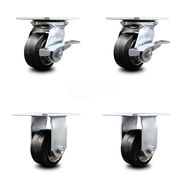 4 Inch Rubber on Aluminum Caster Set with Ball Bearing 2 Brakes and 2 Rigid SCC